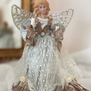 Porcelain Angel Christmas Tree Topper Silver Wings, Lace and Lame' Dress , Pearl